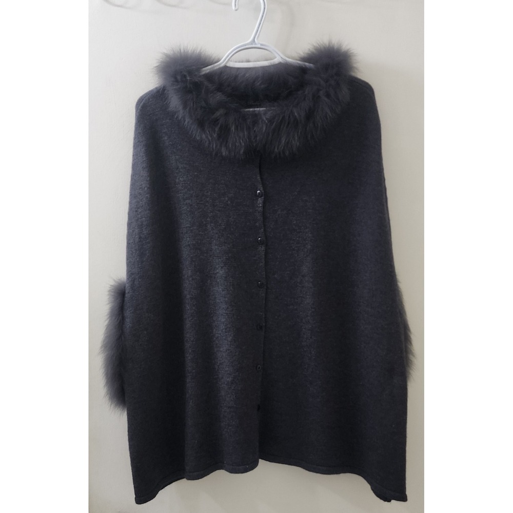 Belle Fare Charcoal Gray Wool Blend Knit Poncho Genuine Fox Fur